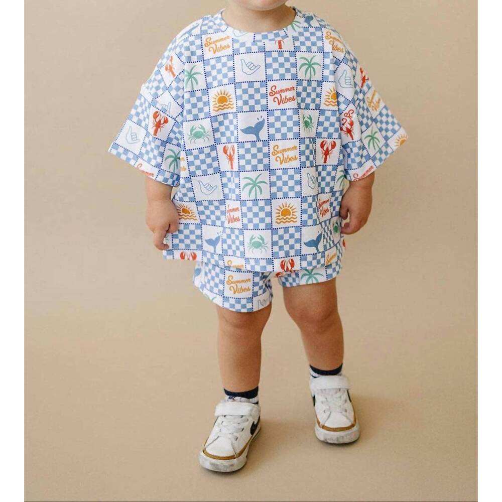 NEW LUCKY PANDA KIDS kids ocean life short set in blue multi
